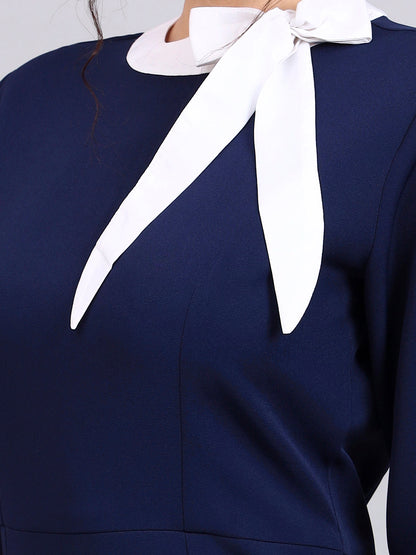 Powersutra Elegant Navy Blue Dress With White Tie And Comfort Fit