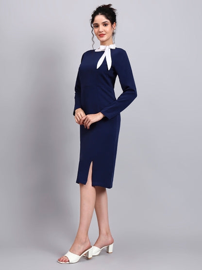 Powersutra Elegant Navy Blue Dress With White Tie And Comfort Fit