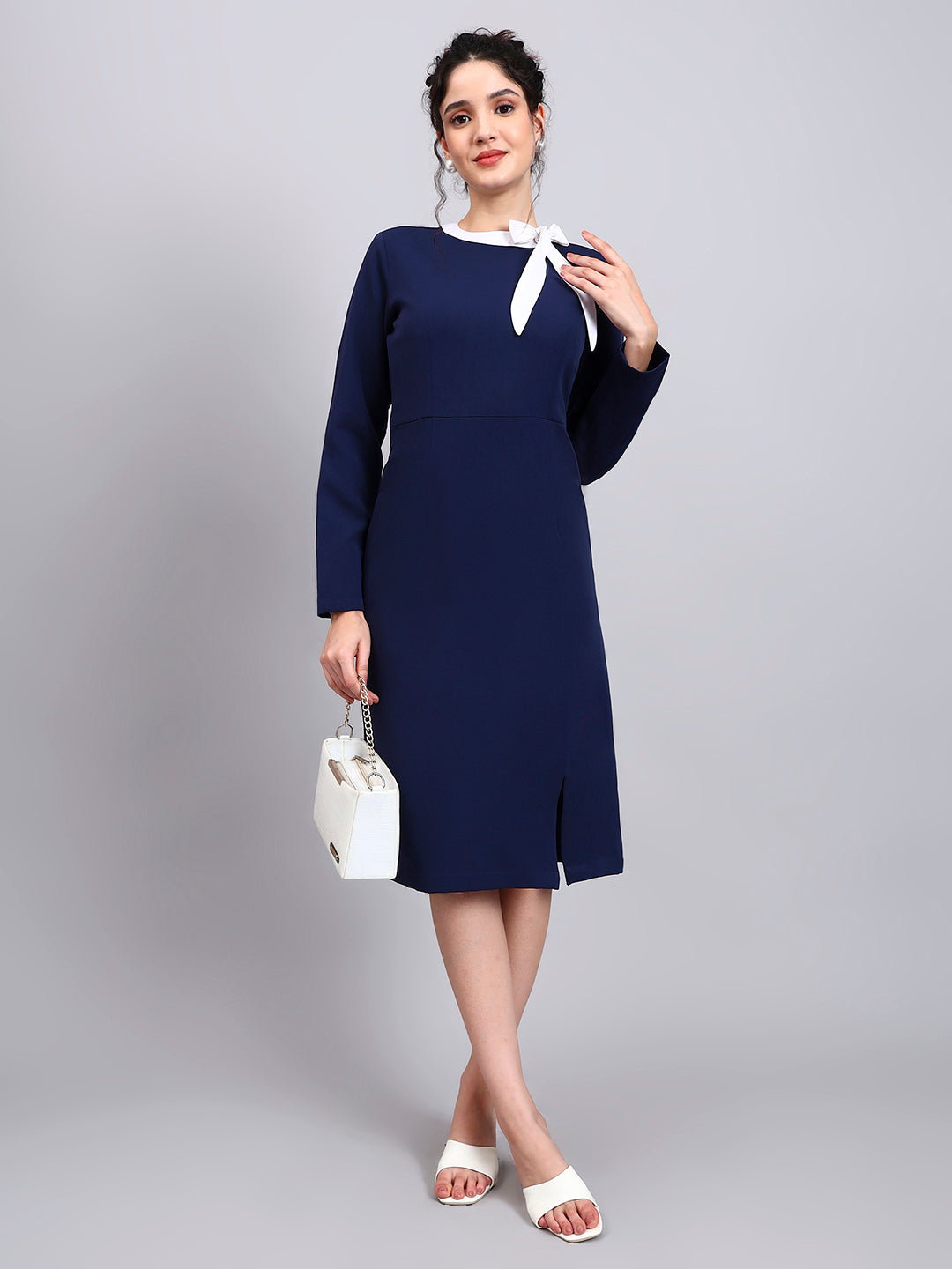 Powersutra Elegant Navy Blue Dress With White Tie And Comfort Fit