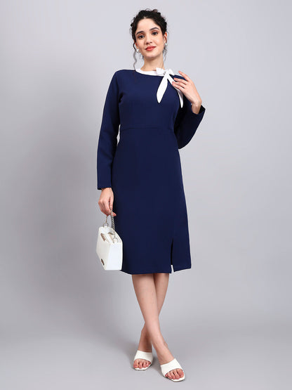 Powersutra Elegant Navy Blue Dress With White Tie And Comfort Fit