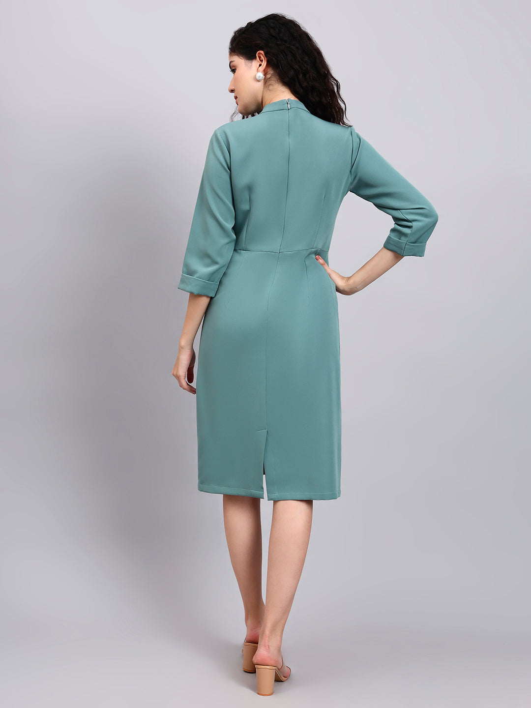 Powersutra Comfortable Sage Green Pencil Dress With High Neck And Stretch Fabric