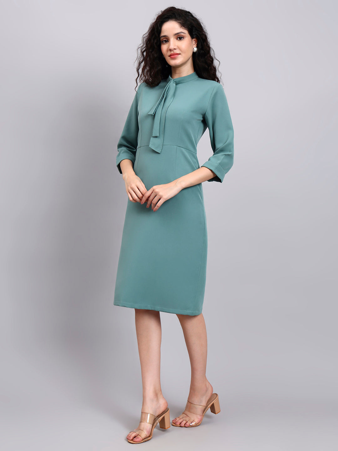 Powersutra Comfortable Sage Green Pencil Dress With High Neck And Stretch Fabric