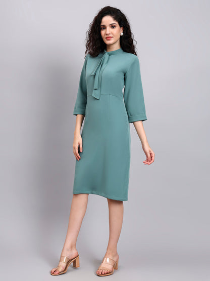 Powersutra Comfortable Sage Green Pencil Dress With High Neck And Stretch Fabric