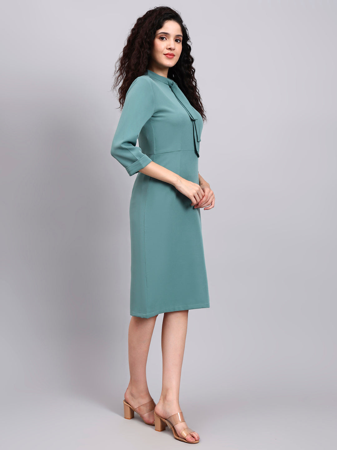 Powersutra Comfortable Sage Green Pencil Dress With High Neck And Stretch Fabric