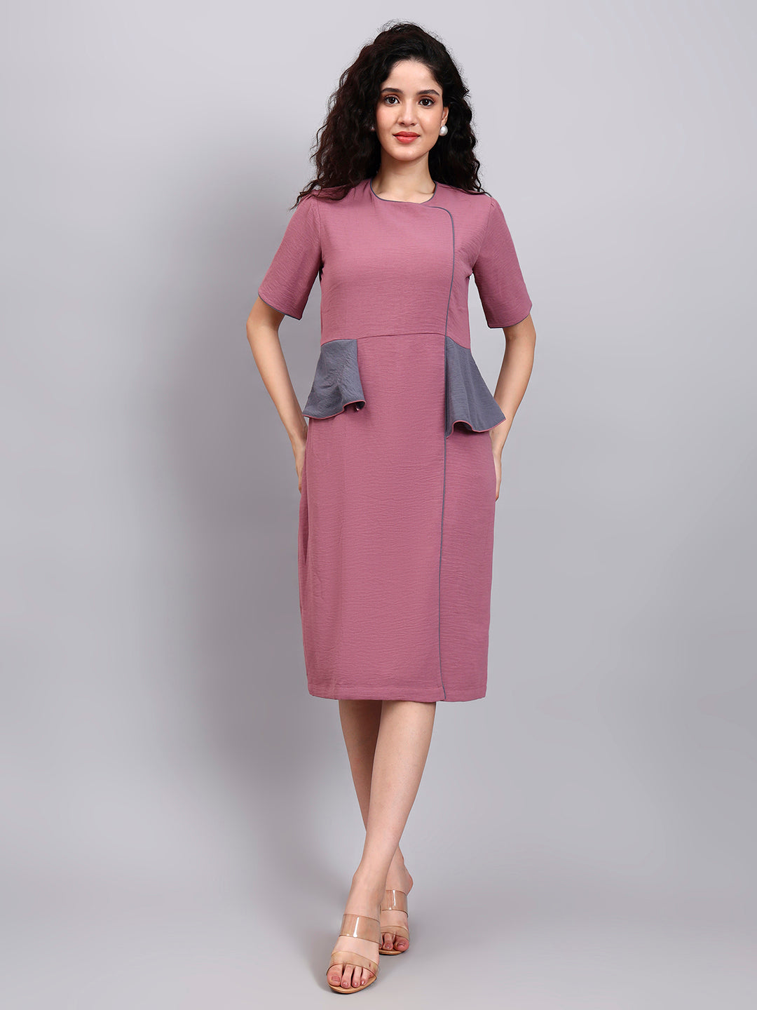 Powersutra Structured Mauve Peplum Dress With Grey Contrast And Short Sleeves