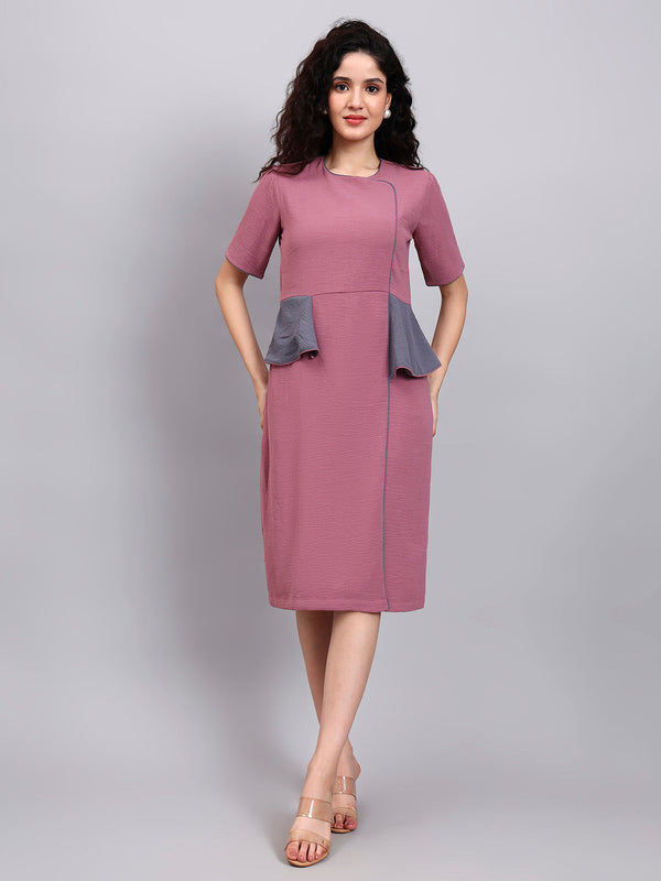 Powersutra Structured Mauve Peplum Dress With Grey Contrast And Short Sleeves