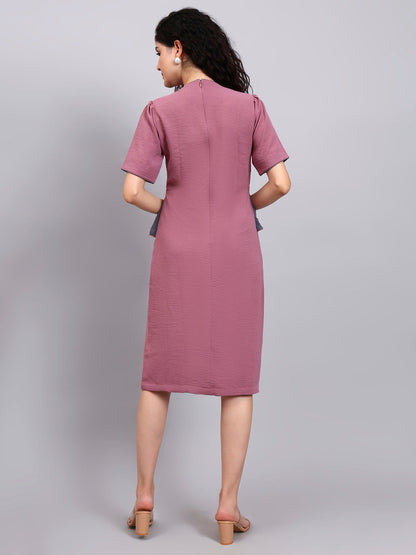Powersutra Structured Mauve Peplum Dress With Grey Contrast And Short Sleeves