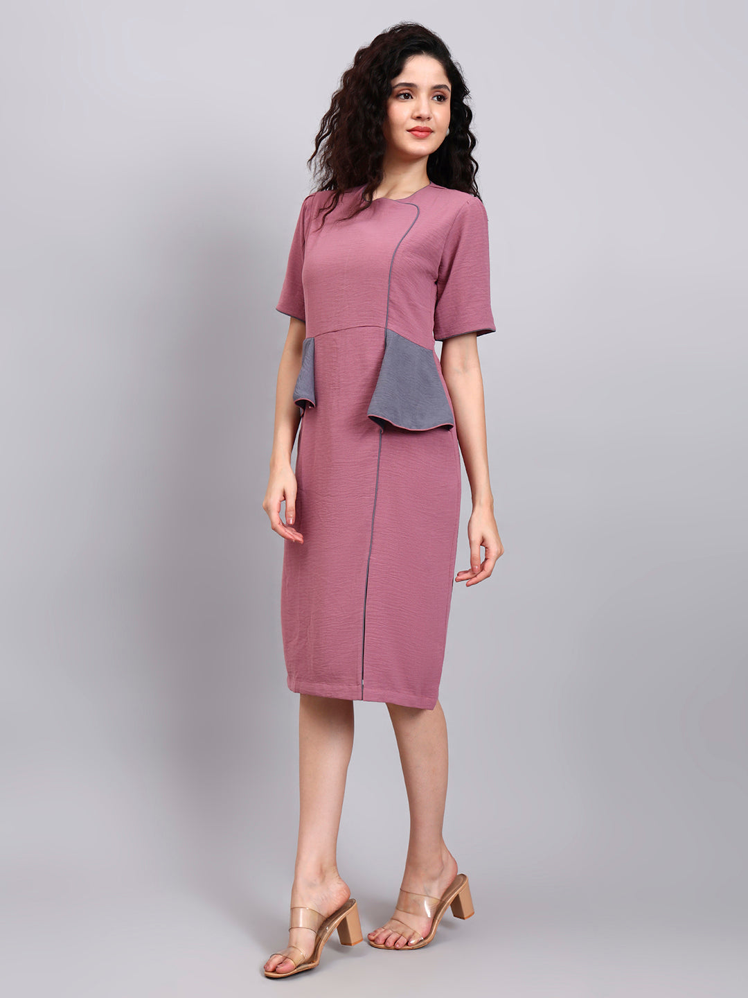 Powersutra Structured Mauve Peplum Dress With Grey Contrast And Short Sleeves