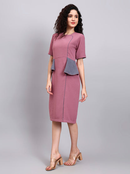 Powersutra Structured Mauve Peplum Dress With Grey Contrast And Short Sleeves