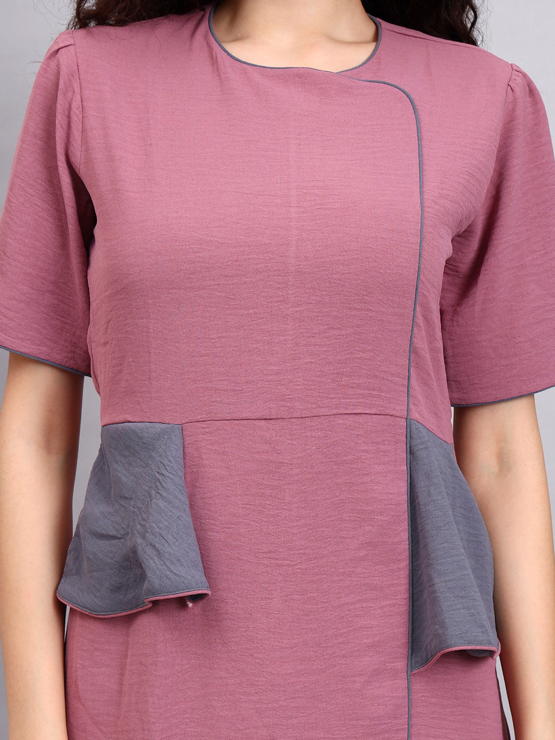 Powersutra Structured Mauve Peplum Dress With Grey Contrast And Short Sleeves