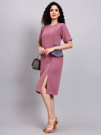 Powersutra Structured Mauve Peplum Dress With Grey Contrast And Short Sleeves
