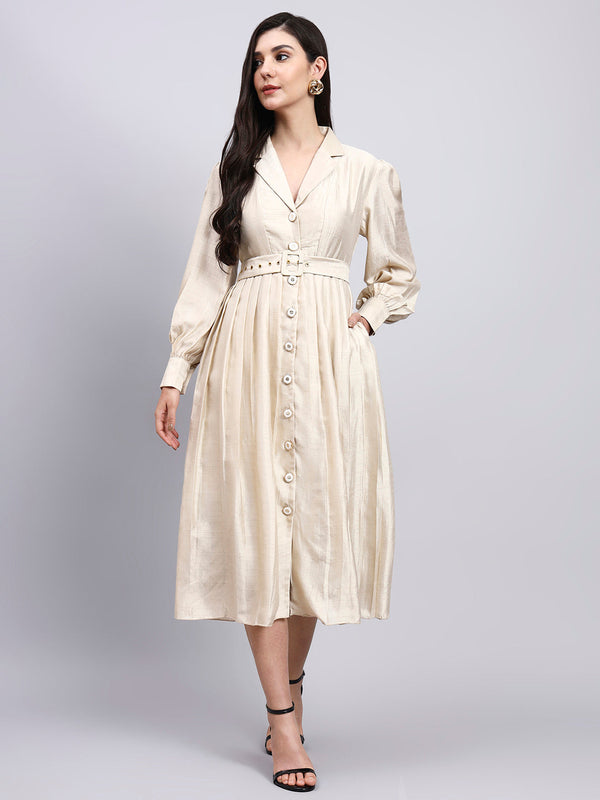 Powersutra Women Ivory Solid Notched Collar Midi Dress