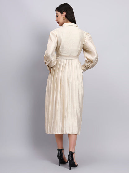 Powersutra Women Ivory Solid Notched Collar Midi Dress