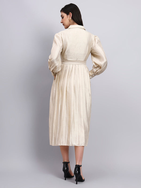 Powersutra Women Ivory Solid Notched Collar Midi Dress