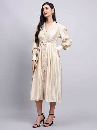 Powersutra Women Ivory Solid Notched Collar Midi Dress