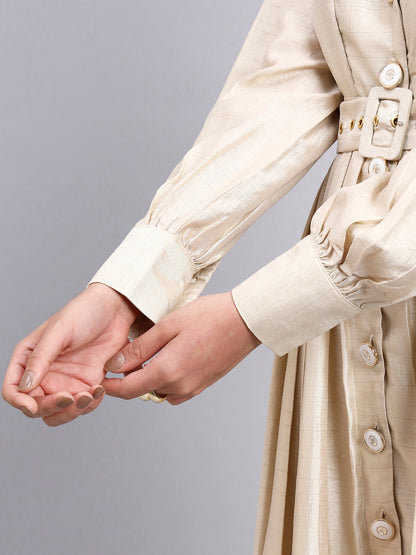 Powersutra Women Ivory Solid Notched Collar Midi Dress