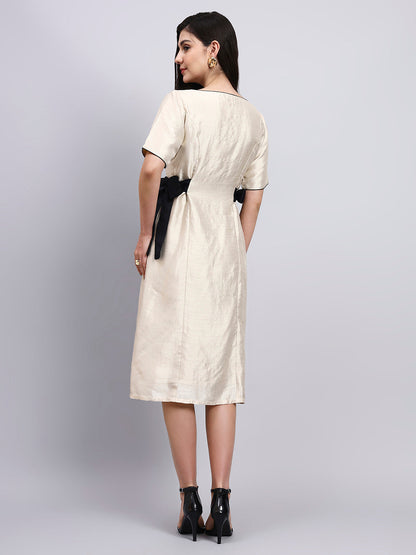 Powersutra Women Ivory Midi Dress With Contrast Black Side Bow