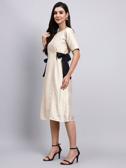 Powersutra Women Ivory Midi Dress With Contrast Black Side Bow