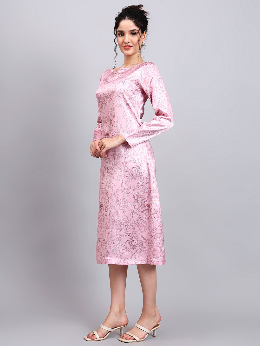 Powersutra Elegant Pink Satin A-Line Dress With Marble Print And Comfort Fit