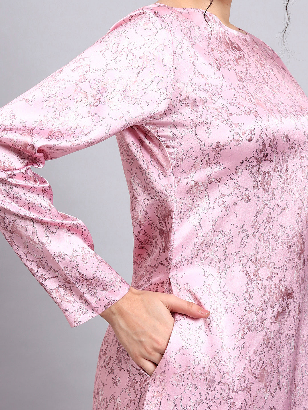 Powersutra Elegant Pink Satin A-Line Dress With Marble Print And Comfort Fit