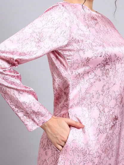 Powersutra Elegant Pink Satin A-Line Dress With Marble Print And Comfort Fit