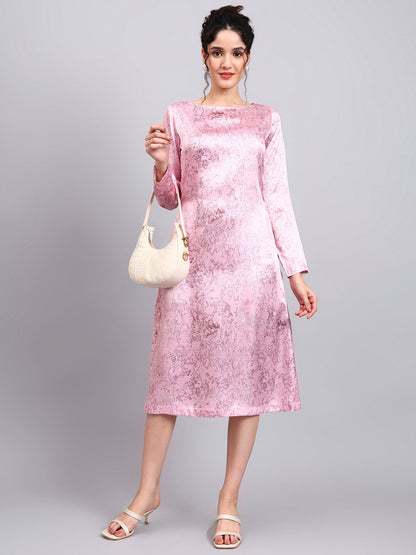 Powersutra Elegant Pink Satin A-Line Dress With Marble Print And Comfort Fit