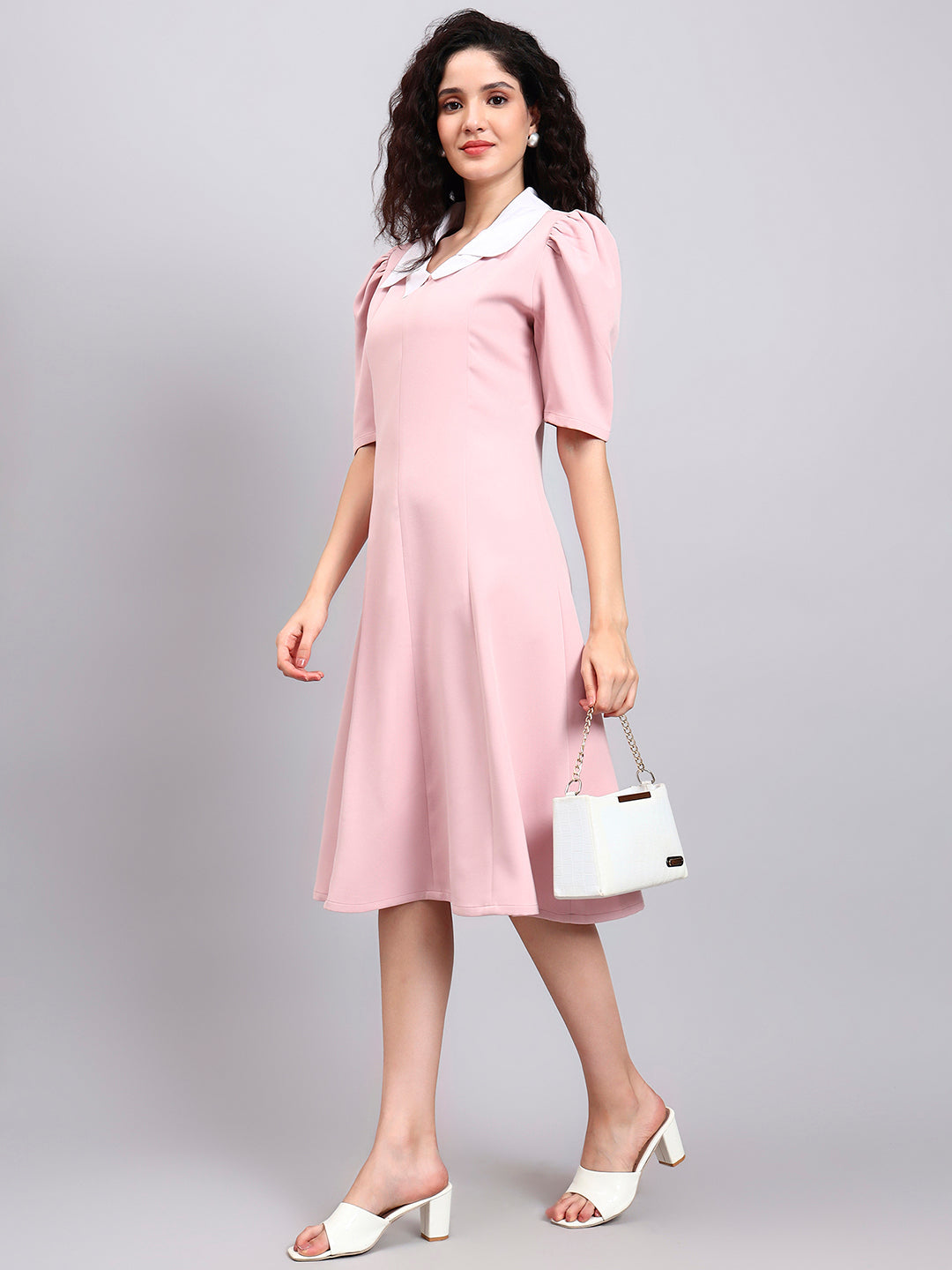 Powersutra Elegant Baby Pink Dress With Crisp White Collar Accent