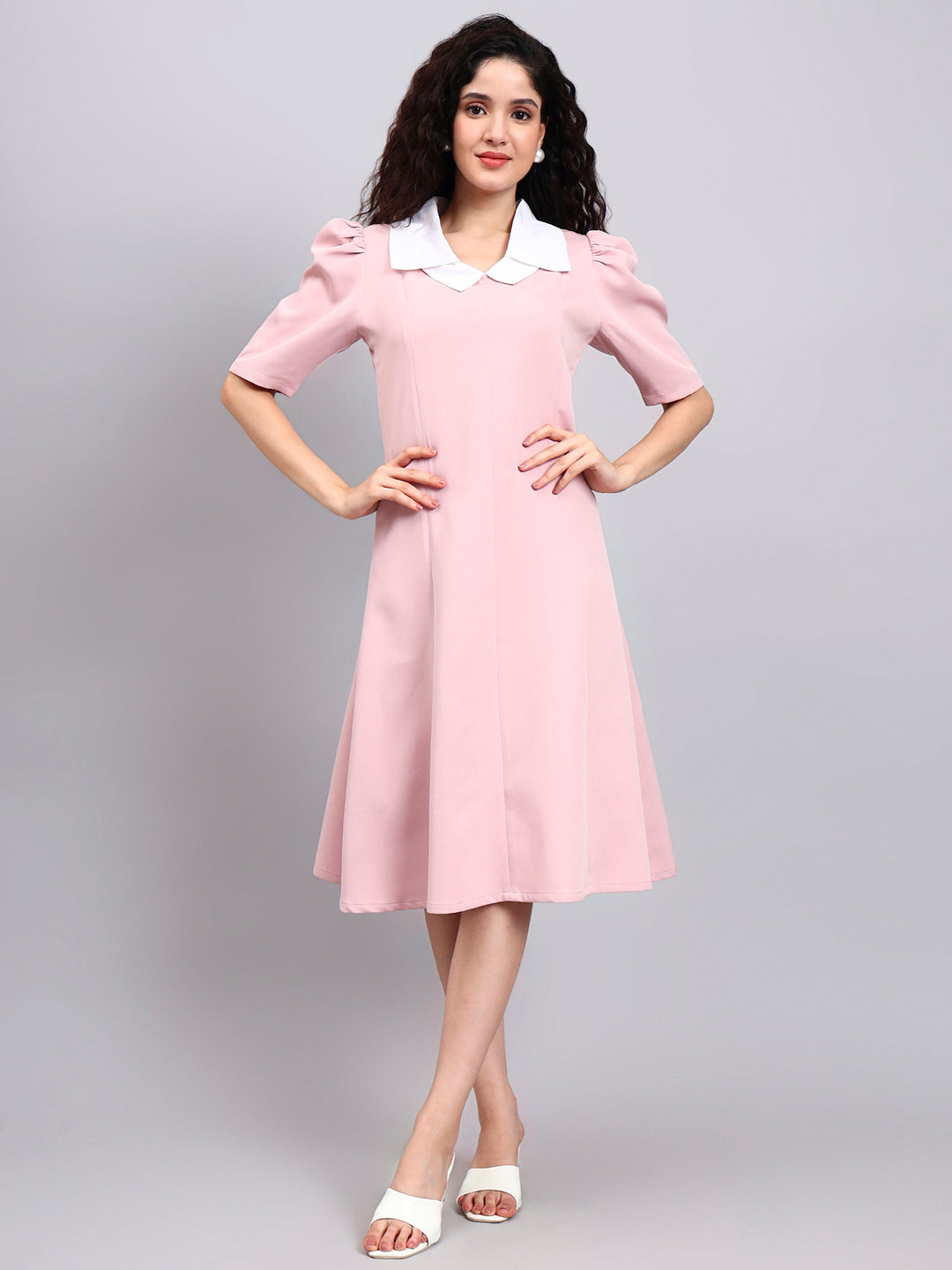 Powersutra Elegant Baby Pink Dress With Crisp White Collar Accent