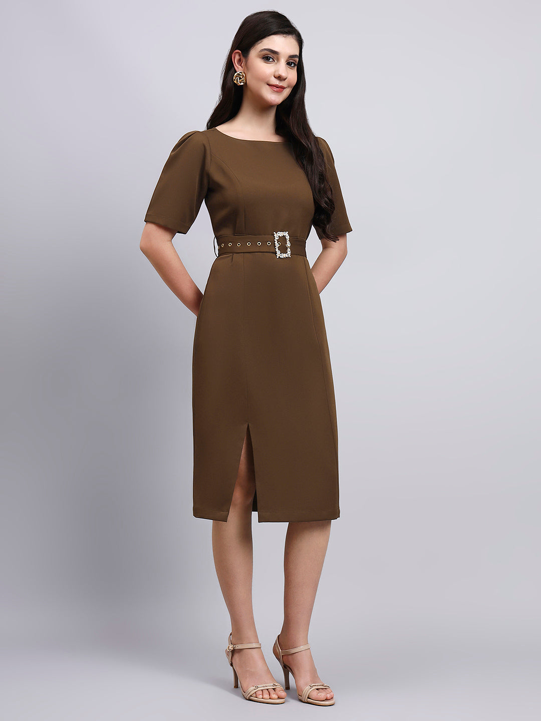 Powersutra Elegant Brown Dress With Crystal-Embellished Belt