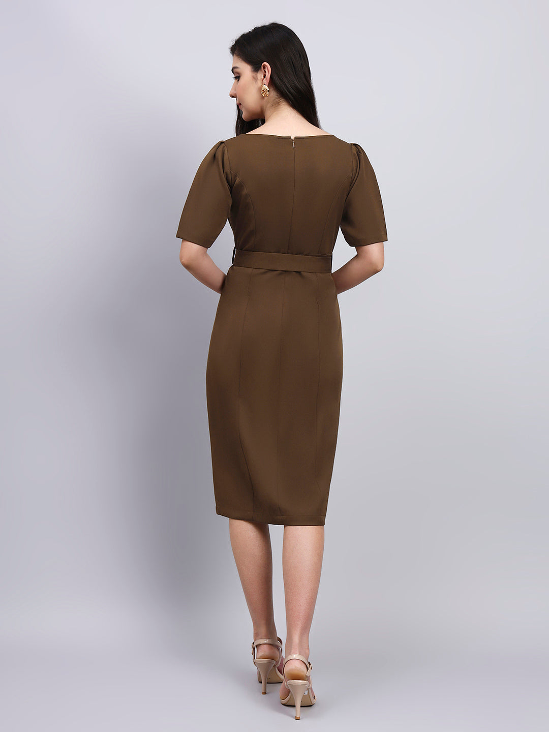 Powersutra Elegant Brown Dress With Crystal-Embellished Belt