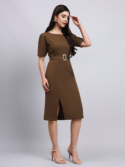 Powersutra Elegant Brown Dress With Crystal-Embellished Belt