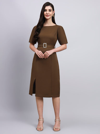 Powersutra Elegant Brown Dress With Crystal-Embellished Belt