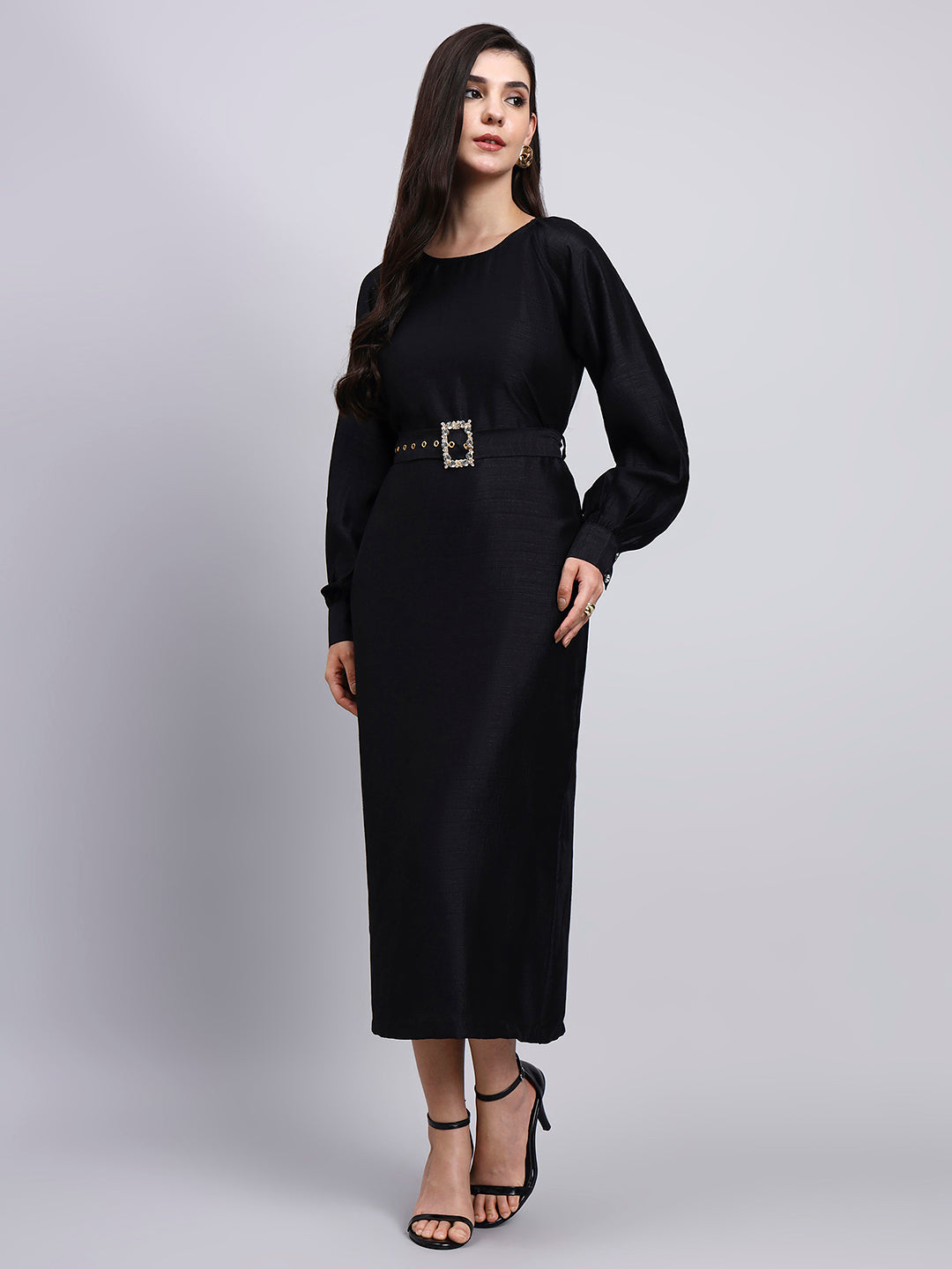 Powersutra Classic Black Belted Midi Dress