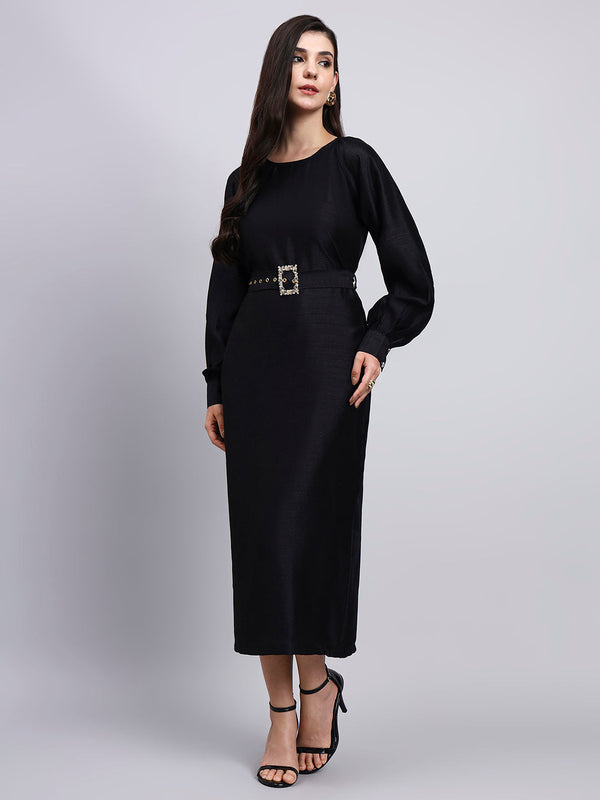 Powersutra Classic Black Belted Midi Dress