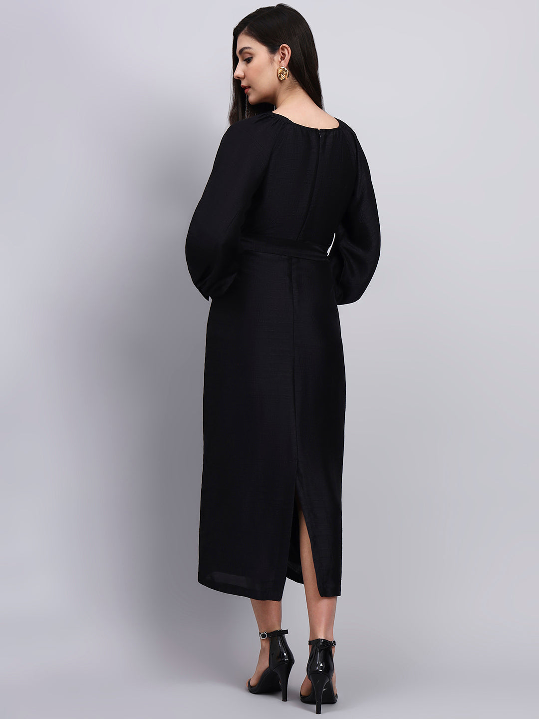 Powersutra Classic Black Belted Midi Dress