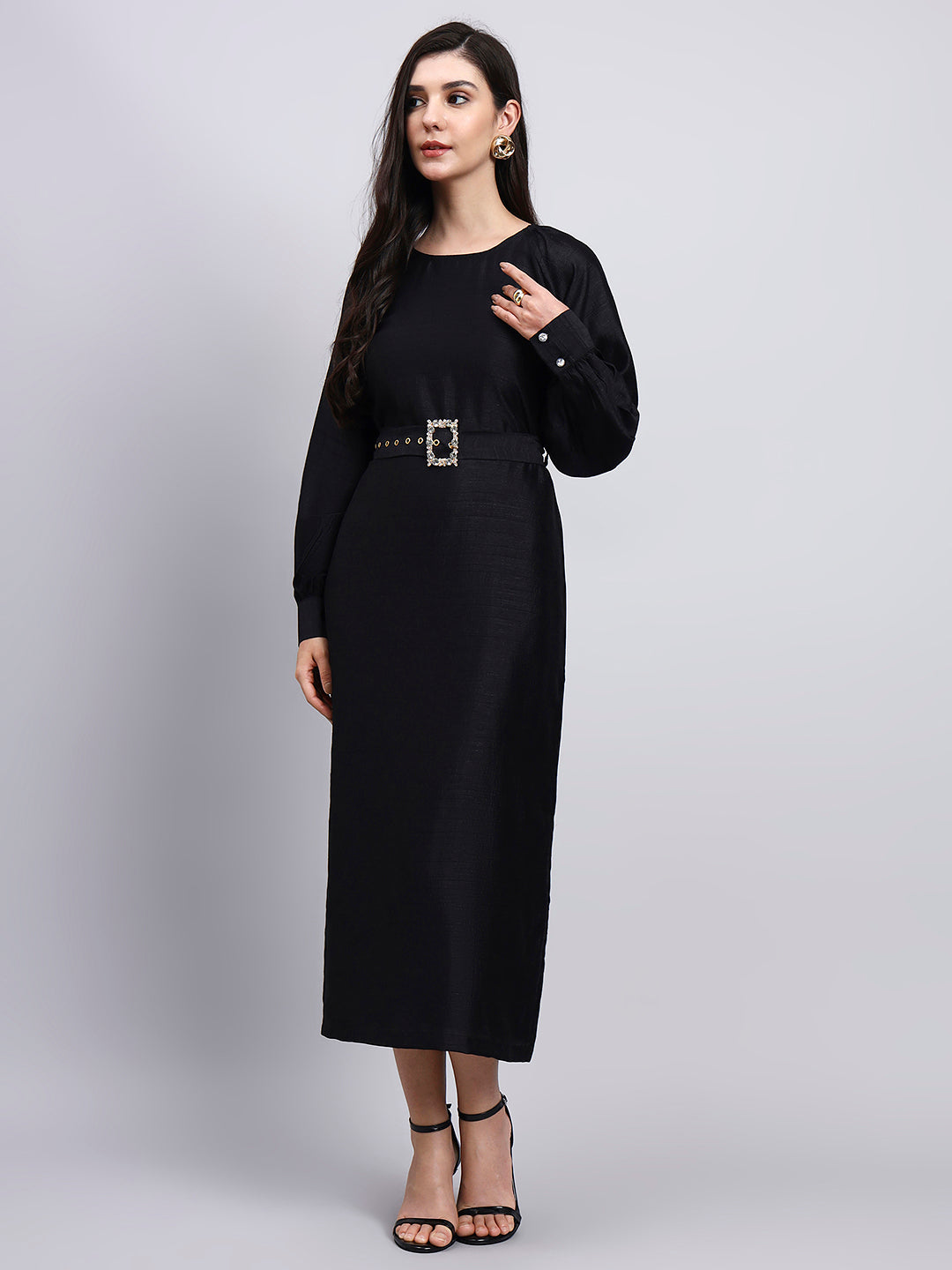 Powersutra Classic Black Belted Midi Dress