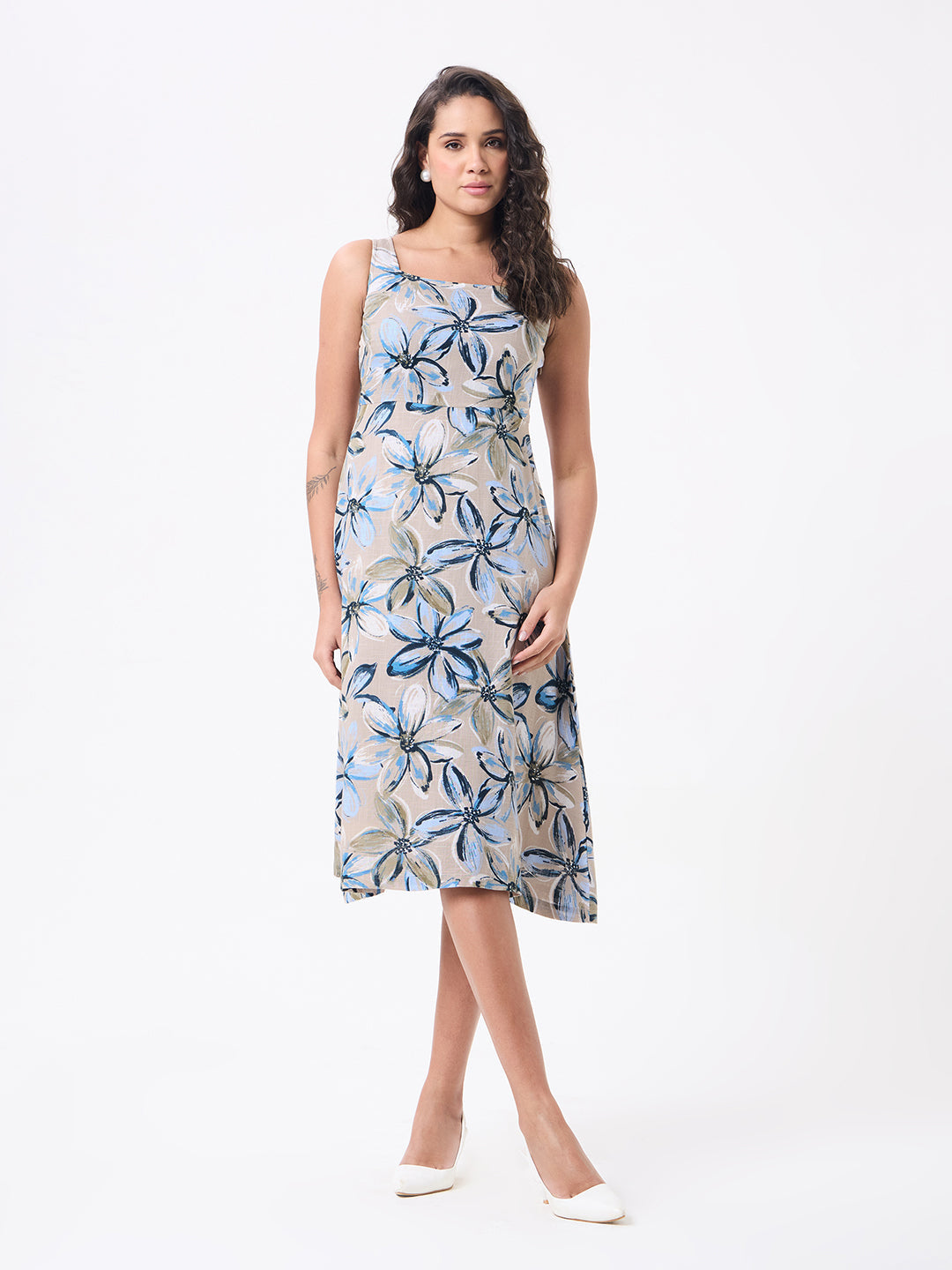 Women Beige Midi Flared Dresses