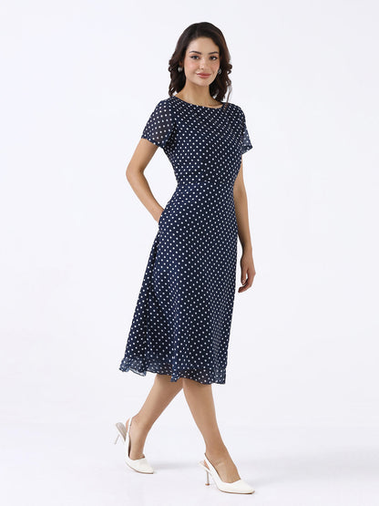 Women Navy Blue Printed A-Line Midi Dress