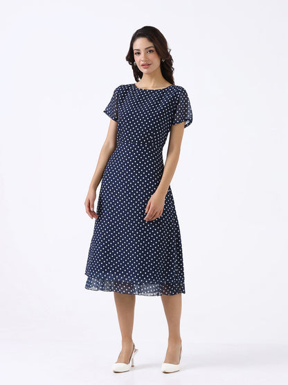 Women Navy Blue Printed A-Line Midi Dress