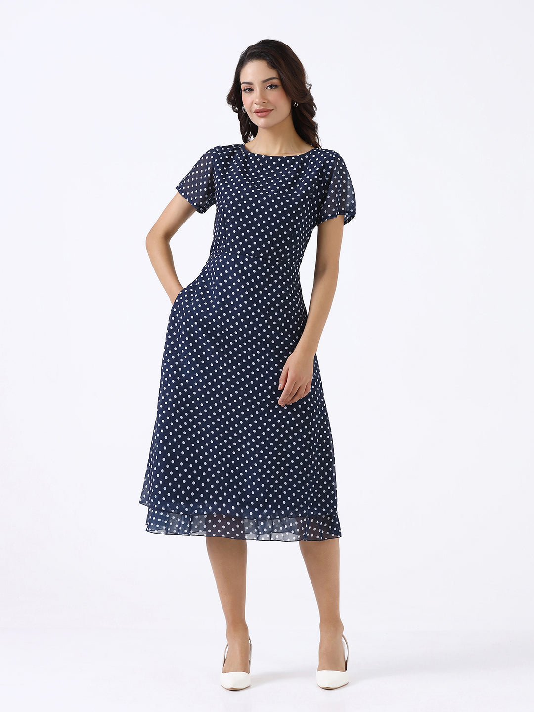Women Navy Blue Printed A-Line Midi Dress
