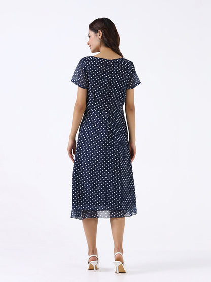 Women Navy Blue Printed A-Line Midi Dress