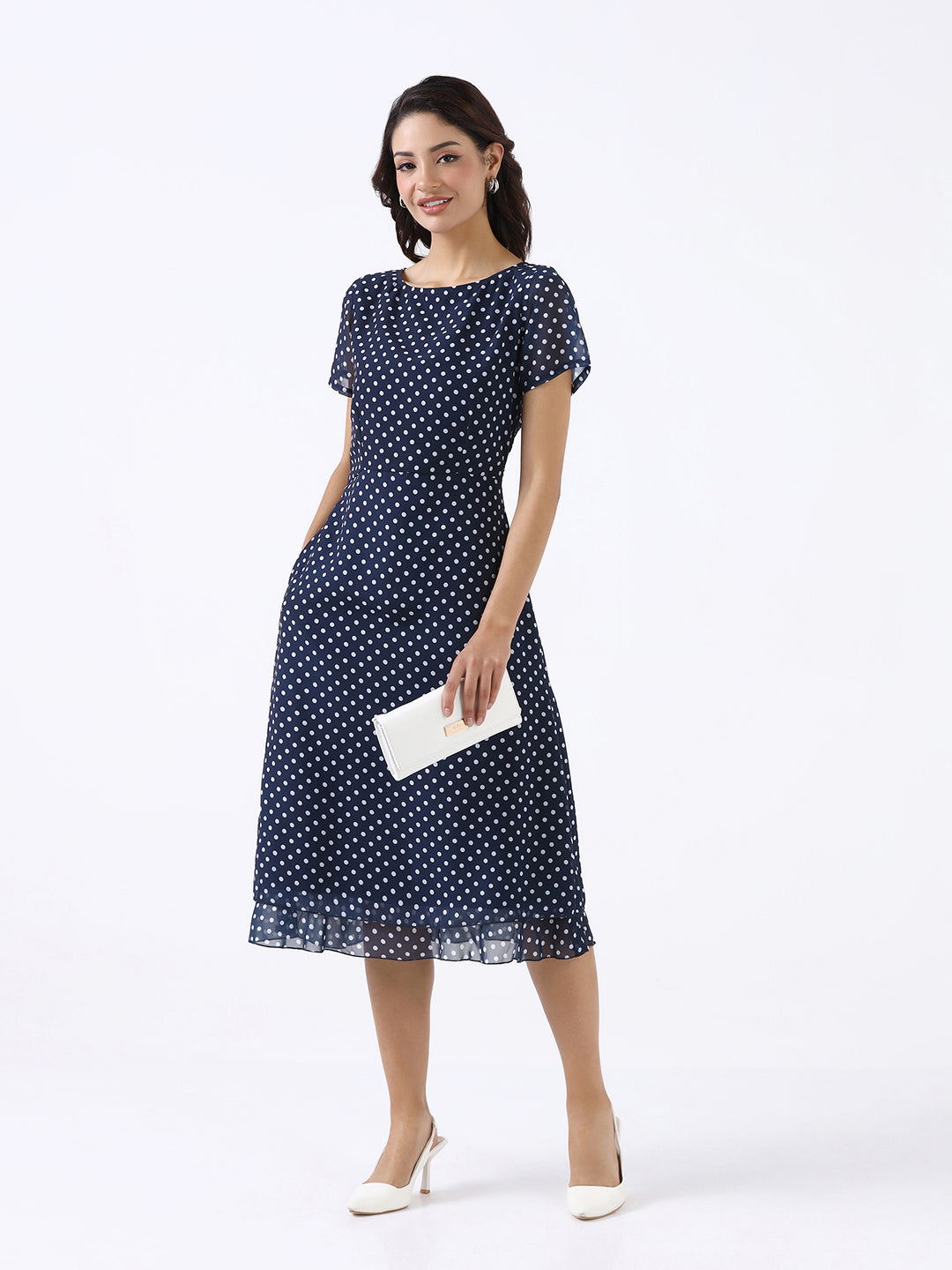 Women Navy Blue Printed A-Line Midi Dress