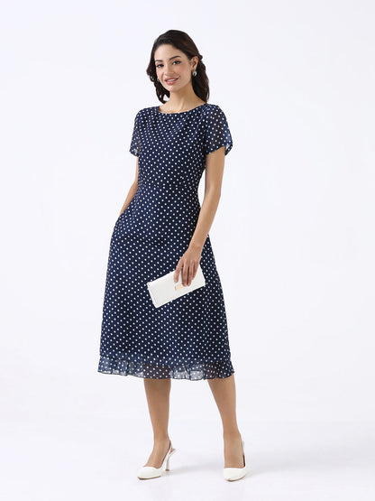 Women Navy Blue Printed A-Line Midi Dress