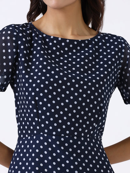 Women Navy Blue Printed A-Line Midi Dress