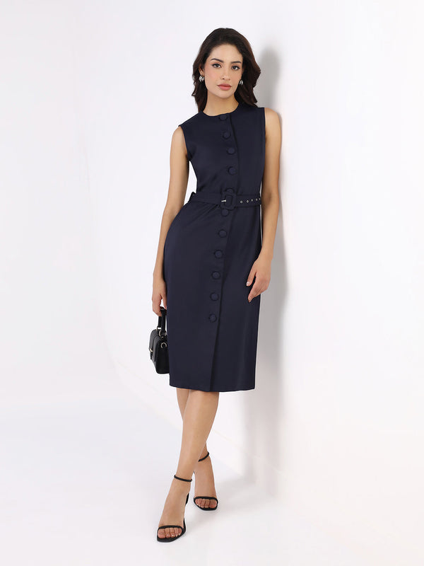 Women Navy Blue Poly Cotton Sleeveless Dress