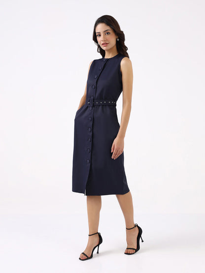 Women Navy Blue Poly Cotton Sleeveless Dress
