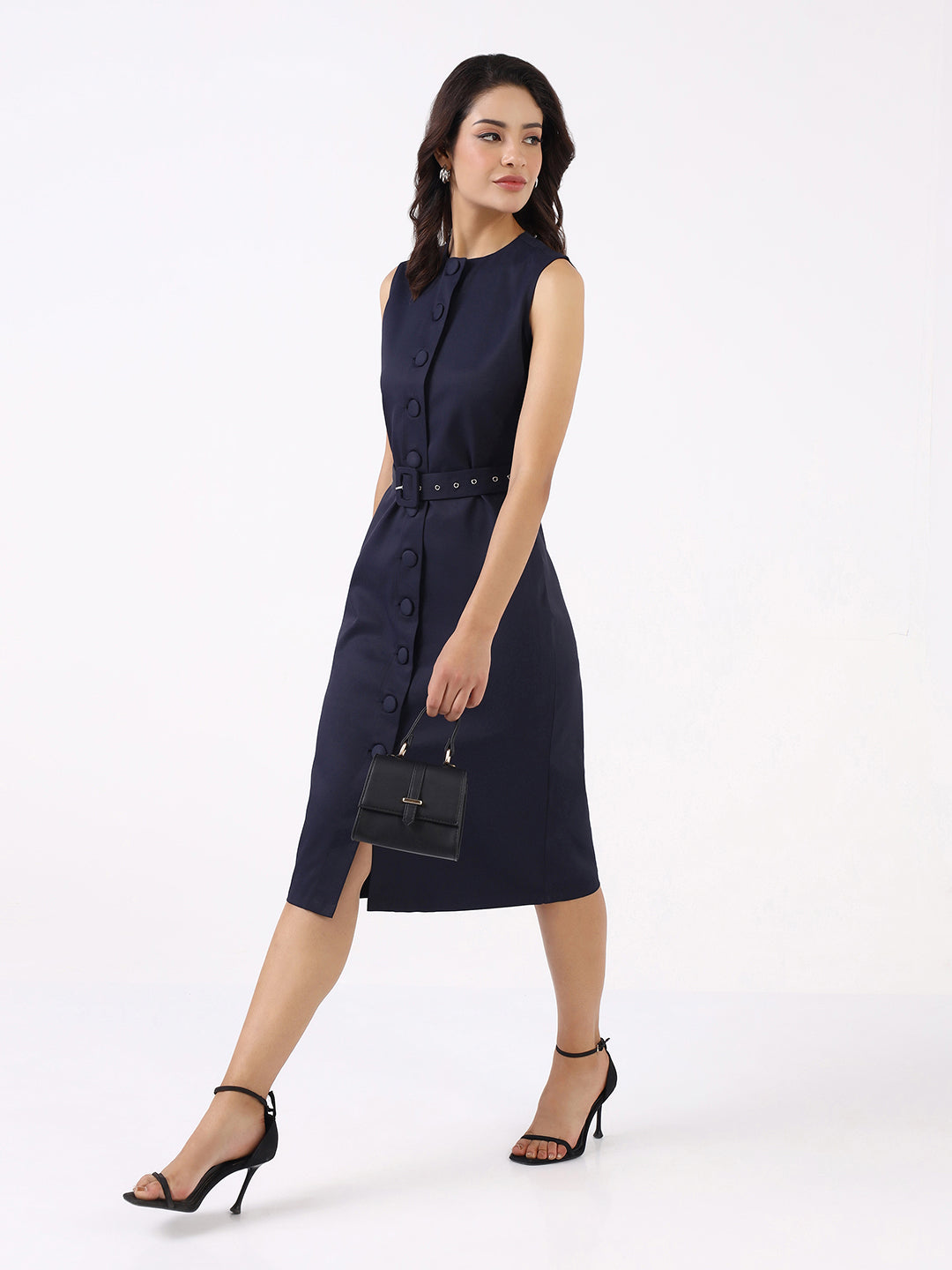 Women Navy Blue Poly Cotton Sleeveless Dress