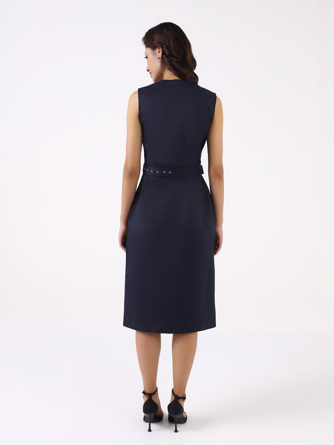 Women Navy Blue Poly Cotton Sleeveless Dress