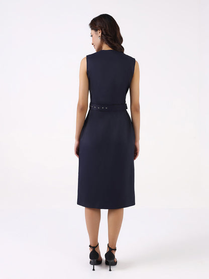 Women Navy Blue Poly Cotton Sleeveless Dress