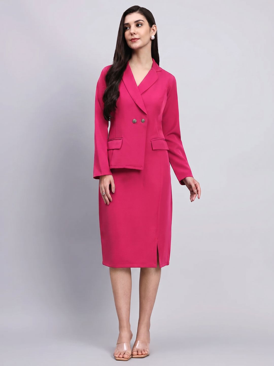 Women Hot Pink Stretch Blazer Midi Dress